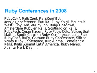 Ruby Conferences in 2008
RubyConf, RailsConf, RailsConf EU,
acts_as_conference, Euruko, Ruby Kaigi, Mountain
West RubyConf, eRubyCon, Ruby Hoedown,
Amsterdam Ruby en Rails, Scotland on Rails,
RubyFools Copenhagen, RubyFools Oslo, Voices that
Matter, South Carolina Ruby Conference, Lone Star
RubyConf, RuPy, Gotham Ruby Conference, Silicon
Valley Ruby Conference, RubyCamp, Conferencia
Rails, Rails Summit Latin America, Ruby Manor,
Atlanta Merb Day, ...




                                                    6
 