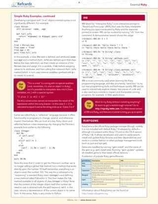 2
                                                                                                                                                 Essential Ruby
   tech facts at your fingertips




Simple Ruby Examples, continued
                                                                                 IRb
Developing a program with “true” object-oriented syntax is not
significantly different. For example:                                          IRB (short for “Interactive Ruby”) is an interactive prompt or
class Person                                                                   “Read-Eval-Print-Loop“ (REPL) that uses the Ruby interpreter.
  attr_accessor :name, :age                                                    Anything you type is evaluated by Ruby and the response
                                                                               printed to screen. IRB can be invoked by running “irb“ from the
  def full_info
    return "#{@name} is #{@age} years old"
                                                                               command. A demonstrative session shows the usage:
  end                                                                          irb(main):001:0> 3 + 5
end                                                                            => 8

fred = Person.new                                                              irb(main):002:0> "hello there " * 3
fred.name = "Fred"                                                             => "hello there hello there hello there "
fred.age = 45
puts fred.full_info                                                            irb(main):001:0> "A String".class
                                                                               => String
In this example, a class (Person) is defined, and attributes (name
                                                                               irb(main):002:0> "A String".methods.sort
and age) and a method (full_info) are defined upon that class.                 => ["%", "*", "+", "<", "<<", "<=", "<=>", "==",
Below the class definition, we then create an instance of the                  "===", "=~", ">", ">=", "[]", "[]=", "__id__", "__
Person class and assign it to a variable, fred, before assigning               send__", "all?", …
values to its attributes, and then calling that instance’s full_info           irb(main):003:0> "A String".class.methods.sort
method (which, in turn, uses instance variables—prefixed with @—               => ["<", "<=", "<=>", "==", "===", "=~", ">", ">=",
to create its output).                                                         "__id__", "__send__", "allocate", "ancestors",
                                                                               "autoload", ...
                                                                               IRB is most commonly used when learning the Ruby
     Hot      “This is a test” is a string with no special qualities           programming language, and also as a handy “sand box” to try
     Tip      (and, remember, it’s also an object in Ruby)                     out new programming tricks and techniques quickly. IRB can be
              but it’s possible to interpolate data into it (from              used to interactively explore classes, test pieces of code and
   variables, etc.) with a special syntax:                                     is also used as a console to inspect and manipulate running
                                                                               programs, for example, in Web applications.
   "2 plus 2 is #{2 + 2}"
   The #{} construction serves to interpolate the result of the                               Want to try Ruby without installing anything?
   expression within the curly braces—in this case 2 + 2 is                            Hot
                                                                                       Tip    Or want to get a walkthrough tutorial? Go to
   calculated to equal 4 and so the string ends up as "2 plus 2 is 4"
                                                                                              http://tryruby.hobix.com. It’s a Web-based version
                                                                                  of IRB and Ruby, and features a tutorial to bring you up to speed.
Earlier we called Ruby a “reflective” language because it offers
functionality to programs to change, extend, and otherwise
inspect themselves. We can look at a key Ruby idiom and                          RUbygEmS
reflective feature—class reopening—by changing the Fibonacci
example from earlier to the following:                                         RubyGems is the official Ruby package manager (though, notably,
                                                                               it is not included with default Ruby 1.8 releases by default—
class Integer
                                                                               although it is present within Ruby 1.9 and on the OS X version
  def fib
    if self.zero?                                                              of Ruby 1.8). It allows developers and users to easily search,
      0                                                                        install and update Ruby libraries and their dependencies and
    elsif self == 1                                                            works in a similar fashion to other package management tools
      1                                                                        (such as yum and apt-get).
    else
      (self - 2).fib + (self - 1).fib                                          Gems are installed by running “gem install“ and the name of
    end                                                                        the gem (e.g. gem install rails). Running “gem update“ updates
  end                                                                          all installed gems to their latest official versions.
end
                                                                               A selection of popular Ruby gems/libraries:
puts 10.fib
                                                                               gem/library   Description                           URL
Note this time that in order to get the Fibonacci number, we’re                Rails         The famous Web application framework http://www.rubyonrails.com
no longer calling a global fib method, but a method that works                 Rake          A Ruby based build system             http://rake.rubyforge.org
                                                                                             (like a Ruby equivalent of make)
directly upon the number 10 itself (remember, everything is an
                                                                               Capistrano    A tool for automatic remote           http://capify.org
object—even the number 10!). The way this is achieved is by                                  deployment tasks
“reopening” a standard Ruby class—Integer—and defining                         Mongrel       A Ruby Web server and HTTP daemon     http://mongrel.rubyforge.org
                                                                                             library
a new method called fib within it. This then makes the fib
                                                                               rspec         A “Behavior Driven Development”       http://rspec.info
method available to all objects of class Integer in Ruby! Note                               (BDD) framework
that the content of the integer object itself (the number we                   camping       A tiny web framework                  http://code.whytheluckystiff.net/
                                                                                                                                   camping
need to use) is obtained with the self keyword. self, in this
case, returns a representation of the current object in its native             Information about RubyGems can be found at:
form. In this sense, Ruby is very similar to Python.                           http://www.rubygems.org

                                                            DZone, Inc.   |   www.dzone.com
 