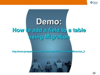 Demo:
How to add a field to a table
     using Migration

http://www.javapassion.com/handsonlabs/rails_scaffold/#Exercise_2




                                                                    29
 