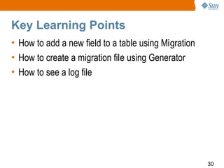 Key Learning Points
• How to add a new field to a table using Migration
• How to create a migration file using Generator
• How to see a log file




                                                      30
 
