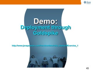 Demo:
        Deployment through
            Goldspike

http://www.javapassion.com/handsonlabs/rails_deploy/#Exercise_1




                                                                  45
 