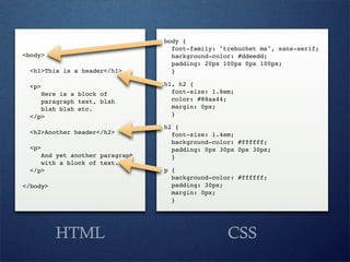 body {
                                   font-family: "trebuchet ms", sans-serif;
<body>                             background-color: #ddeedd;
                                   padding: 20px 100px 0px 100px;
  <h1>This is a header</h1>        }

  <p>                            h1, h2 {
     Here is a block of            font-size: 1.8em;
     paragraph text, blah          color: #88aa44;
     blah blah etc.                margin: 0px;
  </p>                             }

                                 h2 {
  <h2>Another header</h2>          font-size: 1.4em;
                                   background-color: #ffffff;
  <p>                              padding: 0px 30px 0px 30px;
     And yet another paragraph     }
     with a block of text.
  </p>                           p {
                                   background-color: #ffffff;
</body>                            padding: 30px;
                                   margin: 0px;
                                   }




          HTML                                    CSS
 