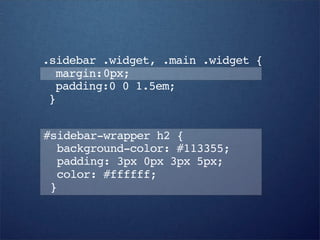 .sidebar .widget, .main .widget {
  margin:0px;
  padding:0 0 1.5em;
 }


#sidebar-wrapper h2 {
  background-color: #113355;
  padding: 3px 0px 3px 5px;
  color: #ffffff;
 }
 