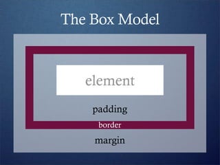 The Box Model


   element
    padding
     border
    margin
 