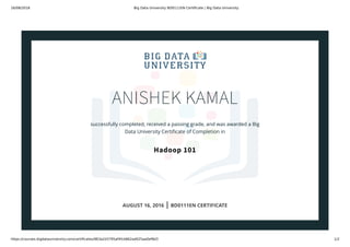16/08/2016 Big Data University BD0111EN Certiﬁcate | Big Data University
https://courses.bigdatauniversity.com/certiﬁcates/963a2d3795af4fcb862ad025aa0ef8d3 1/2
ANISHEK KAMAL
successfully completed, received a passing grade, and was awarded a Big
Data University Certiﬁcate of Completion in
Hadoop 101
AUGUST 16, 2016 | BD0111EN CERTIFICATE
 