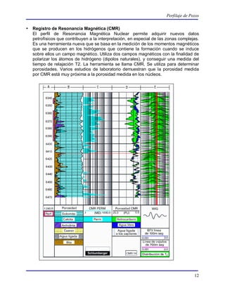 Perfilaje de Pozos

   Registro de Resonancia Magnética (CMR)
    El perfil de Resonancia Magnética Nuclear permite adquirir nuevos datos
    petrofísicos que contribuyen a la interpretación, en especial de las zonas complejas.
    Es una herramienta nueva que se basa en la medición de los momentos magnéticos
    que se producen en los hidrógenos que contiene la formación cuando se induce
    sobre ellos un campo magnético. Utiliza dos campos magnéticos con la finalidad de
    polarizar los átomos de hidrógeno (dipolos naturales), y conseguir una medida del
    tiempo de relajación T2. La herramienta se llama CMR. Se utiliza para determinar
    porosidades. Varios estudios de laboratorio demuestran que la porosidad medida
    por CMR está muy próxima a la porosidad medida en los núcleos.




                                                                                       12
 