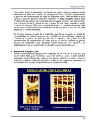 Perfilaje de Pozos

    Este gráfico ilustra la distribución del tamaño de poros, según se deduce de las
    mediciones de RMN. En la pista E, por debajo de los 1953,7 m (6410 pies) casi todo
    el peso en las distribuciones se halla en pequeños poros, como muestra el pico
    verde a la izquierda de la línea roja. Por encima de los 1953,7 m (6410 pies), el peso
    predominante se halla en poros grandes, como muestra un pico verde a la derecha,
    que indica una formación de granos más gruesos. De este modo, un geólogo puede
    observar los datos de RMN y reconocer de inmediato un cambio en la textura de la
    roca en una discordancia en una formación que se encuentra a más de una milla
    debajo de la superficie terrestre.

    En la tercer sección a partir de la izquierda (pista C) se muestran los datos de
    permeabilidad de fluidos derivados de la RMN. La permeabilidad cambia por
    órdenes de magnitud en esta sección. En la formación de granos finos la
    permeabilidad es insignificante, en tanto que en la sección superior de granos
    gruesos es sustancial. Estos resultados fueron empleados por ingenieros en
    petróleo para iniciar un programa de producción eficiente para este pozo.


   Registro de Imágenes (FMI)
    Existen herramientas que proporcionan imágenes de las rocas en el subsuelo, que
    sirven sobre todo para diferenciar capas de arena y arcilla y para estudiar
    estructuras sedimentarias. Las imágenes se pueden obtener por varios métodos:
    imágenes resistivas, imágenes acústicas o imágenes por resonancia magnética. La
    herramienta para obtener imágenes resistivas se denomina FMI.




                                                                                        13
 