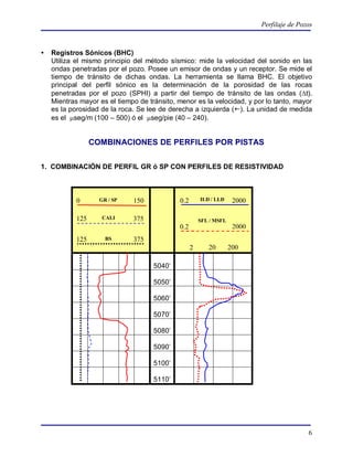 Perfilaje de Pozos



   Registros Sónicos (BHC)
    Utiliza el mismo principio del método sísmico: mide la velocidad del sonido en las
    ondas penetradas por el pozo. Posee un emisor de ondas y un receptor. Se mide el
    tiempo de tránsito de dichas ondas. La herramienta se llama BHC. El objetivo
    principal del perfil sónico es la determinación de la porosidad de las rocas
    penetradas por el pozo (SPHI) a partir del tiempo de tránsito de las ondas (t).
    Mientras mayor es el tiempo de tránsito, menor es la velocidad, y por lo tanto, mayor
    es la porosidad de la roca. Se lee de derecha a izquierda (). La unidad de medida
    es el seg/m (100 – 500) ó el seg/pie (40 – 240).


                  COMBINACIONES DE PERFILES POR PISTAS

1. COMBINACIÓN DE PERFIL GR ó SP CON PERFILES DE RESISTIVIDAD



            0       GR / SP   150            0.2       ILD / LLD     2000

            125      CALI     375                      SFL / MSFL
                                             0.2                     2000
            125       BS      375
                                                   2      20        200

                                     5040’

                                     5050’

                                     5060’

                                     5070’

                                     5080’

                                     5090’

                                     5100’

                                     5110’




                                                                                            6
 