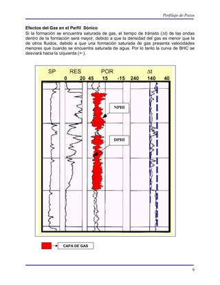Perfilaje de Pozos

Efectos del Gas en el Perfil Sónico
Si la formación se encuentra saturada de gas, el tiempo de tránsito (t) de las ondas
dentro de la formación será mayor, debido a que la densidad del gas es menor que la
de otros fluidos, debido a que una formación saturada de gas presenta velocidades
menores que cuando se encuentra saturada de agua. Por lo tanto la curva de BHC se
desviará hacia la izquierda ().




                                            NPHI




                                            DPHI




                  CAPA DE GAS




                                                                                     9
 