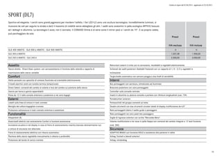 Listino in vigore dal 07/04/2015 - aggiornato al 23/10/2015
SPORT (DL7)
Prezzi
IVA esclusa
Prezzi
IVA inclusa
GLE 400 4MATIC - GLE 500 e 4MATIC - GLE 500 4MATIC o o
GLE 350 d 4MATIC 1.557,38 1.900,00
GLE 250 d 4MATIC - GLE 250 d 2.500,00 3.050,00
Sportiva ed elegante. I cerchi sono grandi,aggressivi,per mordere l'asfalto. I fari LED ILS sono una scultura tecnologica. Incredibilmente luminosi, si
muovono da soli per seguire la strada e darti il massimo di visibiltà senza abbagliare gli altri. I sedili sono anatomici in pelle ecologica ARTICO/tessuto
ed i dettagli in alluminio. La tecnologia ti aiuta, non ti sovrasta. Il COMAND Online è di serie come il mirror pack e i cerchi da 19''. E se proprio volete,
può parcheggiare da sola.
Assetto
Sterzo diretto - Direct-Steer system- con servoassistenza in funzione della velocità e rapporto di
trasmissione dello sterzo variabile
Comfort
Alette parasole con specchio di cortesia illuminato ed orientabile elettricamente
Cristalli atermici verdi con lunotto termico temporizzato
Direct Select: comandi del cambio al volante e leva del cambio sul piantone dello sterzo
Gancio per borsa e gancio appendiabiti
Presa da 12 V nella console anteriore e posteriore e nel vano bagagli .
Esterni
Listelli sulla linea di cintura in look cromato
Maniglia del cofano bagagliaio cromata
Protezione sottoscocca in look cromato anteriore e posteriore
Funzionalità
Altoparlanti (8)
Alzacristalli elettrici con azionamento Confort e funzione autoreverse
Avvisatore acustico e nel display in caso di freno di stazionamento inserito,mancato disinserimento luci
e cinture di sicurezza non allacciate
Freno di stazionamento elettrico con rilascio automatico
Piantone dello sterzo regolabile manualmente in altezza e profondità
Protezione del bordo di carico cromata
Retrovisori esterni in tinta con la carrozzeria, riscaldabili e regolabili elettricamente
Schienali dei sedili posteriori ribaltabili frazionati con un rapporto di 1/3 : 2/3 e regolabili in
inclinazione
Tergicristallo automatico con sensore pioggia a due livelli di sensibilità
Interni
Box portaoggetti con serratura, climatizzato ed illuminato
Bracciolo posteriore con vano portaoggetti
Controller sulla consolle centrale
Inserti in alluminio su plancia consolle e portiere con rifiniture longitudinali (cod. 739)
Portabicchieri anteriori
Portaocchiali nel gruppo comandi sul tetto
Quadro strumenti con due strumenti circolari dotati di display multifunzione da 4,5"
Rete portaoggetti dietro il sedile guida e passeggero
Rete portaoggetti nel vano piedi lato passeggero
Soglie di ingresso anteriori con scritta "Mercedes-Benz"
Volante multifunzione a tre razze in pelle Nappa con comandi del cambio integrati e 12 tasti funzione
(cod. 280)
Sicurezza
ADAPTIVE BRAKE con funzione HOLD e assistenza alla partenza in salita
Airbag frontali e laterali anteriori
Airbag: windowbag
10
 