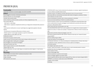 Listino in vigore dal 07/04/2015 - aggiornato al 23/10/2015
PREMIUM (DL9)
Funzionalità
Tergicristallo automatico con sensore pioggia a due livelli di sensibilità
Interni
Box portaoggetti con serratura, climatizzato ed illuminato
Bracciolo posteriore con vano portaoggetti
Controller sulla consolle centrale
Inserti in alluminio su plancia consolle e portiere con rifiniture longitudinali (cod. 739)
Interni sportivi AMG Line:
- Sedili sportivi in pelle Nappa
- Sedili anteriori a regolazione completamente elettrica per l'adeguamento individuale della posizione di
seduta
-Volante sportivo multifunzione a tre razze in pelle Nappa nera, leggermente appiattito nella parte
inferiore
- Strumentazione con quadrante differenziato con sfondo a scacchi
- Pedaliera sportiva in acciaio legato spazzolato con gommini antisdrucciolo
- Tappetini AMG con scritta «AMG» (cod. P29)
Portabicchieri anteriori
Portaocchiali nel gruppo comandi sul tetto
Quadro strumenti con due strumenti circolari dotati di display multifunzione da 4,5"
Rete portaoggetti dietro il sedile guida e passeggero
Rete portaoggetti nel vano piedi lato passeggero
Sedili sportivi anteriori (cod. 244)
Soglie di ingresso anteriori con scritta "Mercedes-Benz"
Tappetini AMG (cod. U26)
Volante multifunzione a tre razze in pelle Nappa con comandi del cambio integrati e 12 tasti funzione
(cod. 280)
Sicurezza
ADAPTIVE BRAKE con funzione HOLD e assistenza alla partenza in salita
Airbag frontali e laterali anteriori
Airbag: windowbag
ASR (Acceleration skid control)
ATTENTION ASSIST (valuta il livello di attenzione del conducente, ne riconosce i segnali di stanchezza e
lo avvisa evitando un possibile colpo di sonno)
Avvisatore acustico e nel display per mancato allacciamento cinture di sicurezza anteriori
Brake Assist (BAS) con riconoscimento automatico delle frenate d'emergenza e assistenza in frenata
Chiave elettonica con inserti cromati
Chiusura centralizzata con sensore crash e chiusura automatica in movimento
Chiusura di sicurezza bambini per i finestrini e le portiere posteriori
Cinture di sicurezza a 3 punti in tinta con gli allestimenti con adattamento manuale dell'altezza delle
cinture e pretensionatori lato guida e passeggero nonché adattamento automatico dell'altezza delle
cinture per i sedili posteriori esterni
Cofano motore attivo per sicurezza pedoni (cod. U60)
COLLISION PREVENTION ASSIST PLUS: avvisa il guidatore con un segnale ottico e acustico quando la
distanza tra la vettura e il veicolo che la precede o l'ostacolo fermo è inferiore al limite di sicurezza (cod.
258)
Disattivazione automatica airbag lato passeggero. (cod. U10)
DSR sistema di gestione elettronica della velocità in discesa, dii serie solo con il sistema di trazione
integrale 4MATIC
Electronic Stability Program (ESP®)
Gruppi ottici posteriori con tecnologia LED
Immobilizzatore elettronico, incl. chiusura centralizzata con radiotelecomando a infrarossi nella chiave
con applicazioni cromate, segnalazione ottica di chiusura e apertura di emergenza.
Kit di pronto soccorso
LED Intelligent Light System (cod. 642)
Pre-Safe : sistema che pre-allerta i sistemi della vettura in caso di eventuale pericolo in modo da
predisporli per ridurre le conseguenze in caso di incidente.
Sensore upfront & roll-bar
Sistema antibloccaggio (ABS)
Sistema di assistenza in presenza di vento laterale
Sistema di fissaggio seggiolino per bambini ISOFIX
Sistema di gestione elettronica della trazione integrale 4ETS per vetture con trazione integrale 4MATIC
TEMPOMAT con limitazione variabile della velocità SPEEDTRONIC
Triangolo a norme europee
Windowbag
18
 