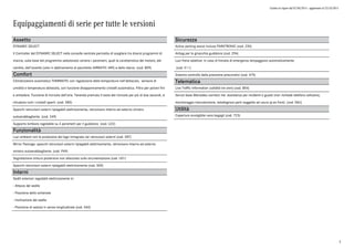 Listino in vigore dal 07/04/2015 - aggiornato al 23/10/2015
Equipaggiamenti di serie per tutte le versioni
Assetto
DYNAMIC SELECT
Il Controller del DYNAMIC SELECT nella consolle centrale permette di scegliere tra diversi programmi di
marcia, sulla base del programma selezionato variano i parametri, quali la caratteristica del motore, del
cambio, dell'assetto (solo in abbinamento al pacchetto AIRMATIC 489) e dello sterzo. (cod. B59)
Comfort
Climatizzatore automatico THERMATIC con regolazione della temperatura nell'abitacolo, sensore di
umidità e temperatura abitacolo, con funzione disappannamento cristalli automatica. Filtro per polveri fini
e antiodore. Funzione di ricircolo dell'aria. Tenendo premuto il tasto del ricircolo per più di due secondi, si
chiudono tutti i cristalli aperti. (cod. 580)
Specchi retrovisori esterni ripiegabili elettricamente, retrovisore interno ed esterno sinistro
autoanabbagliante. (cod. 249)
Supporto lombare regolabile su 4 parametri per il guidatore (cod. U22)
Funzionalità
Luci ambient con la proiezione del logo intregrate nei retrovisori esterni (cod. 587)
Mirror Package: specchi retrovisori esterni ripiegabili elettricamente, retrovisore interno ed esterno
sinistro autoanabbagliante. (cod. P49)
Segnalazione cintura posteriore non allacciata sulla strumentazione (cod. U01)
Specchi retrovisori esterni ripiegabili elettricamente (cod. 500)
Interni
Sedili anteriori regolabili elettricamente in:
- Altezza del sedile
- Posizione dello schienale
- Inclinazione del sedile
- Posizione di seduta in senso longitudinale (cod. 560)
Sicurezza
Active parking assist incluso PARKTRONIC (cod. 235)
Airbag per le ginocchia guidatore (cod. 294)
Luci freno adattive: in caso di frenata di emergenza lampeggiano automaticamente
(cod. K11)
Sistema controllo della pressione pneumatici (cod. 475)
Telematica
Live Traffic Information (validità tre anni) (cod. B54)
Servizi base Mercedes connect me: assistenza per incidenti e guasti (non richiede telefono cellulare),
monitoraggio manutenzione, telediagnosi parti soggette ad usura (p.es freni). (cod. 06U)
Utilità
Copertura avvolgibile vano bagagli (cod. 723)
5
 