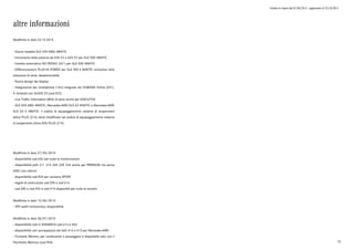 Listino in vigore dal 07/04/2015 - aggiornato al 23/10/2015
altre informazioni
Modifiche in data 23.10.2015
- Nuovo modello GLE 450 AMG 4MATIC
- Incremento della potenza da 435 CV a 455 CV per GLE 500 4MATIC
- Cambio automatico 9G-TRONIC (421) per GLE 500 4MATIC
- Differenziazione PLUG-IN HYBRID per GLE 500 e 4MATIC compresa nella
dotazione di serie, deselezionabile
- Nuovo design del display
- Integrazione per smartphone (14U) integrata nel COMAND Online (531).
A richiesta con AUDIO 20 (cod.522)
- Live Traffic Information (B54) di serie anche per EXECUTIVE
- GLE 450 AMG 4MATIC, Mercedes-AMG GLE 63 4MATIC e Mercedes-AMG
GLE 63 S 4MATIC: il codice di equipaggiamento sistema di sospensioni
attive PLUS (214) viene modificato nel codice di equipaggiamento sistema
di sospensioni attive ADS PLUS (215)
Modifiche in data 27/04/2015
- disponibilità cod.03U per tutte le motorizzazioni
- disponibilità pelli 211 215 245 228 224 anche per PREMIUM ma senza
AMG Line interior
- disponibilità cod.R33 per versione SPORT
- regole di costruzione cod.Z05 e cod.61U
- cod.282 e cod.942 e cod.H10 disponibili per tutte le versioni
Modifiche in data 10/06/2015
- 399 sedili multicontour disponibilità
Modifiche in data 28/07/2015
- disponibilità cieli in DINAMICA cod.61U e 65U
- disponibilità con sovrapprezzo dei tetti 414 e 413 per Mercedes-AMG
- Funzione Memory per conducente e passeggero è disponibile solo con il
Pacchetto Memory (cod.P64). 75
 