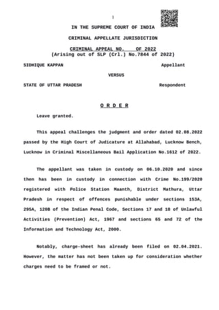 1
IN THE SUPREME COURT OF INDIA
CRIMINAL APPELLATE JURISDICTION
CRIMINAL APPEAL NO. OF 2022
(Arising out of SLP (Crl.) No....