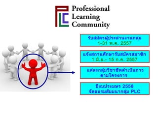 รับสมัครผู้ประสานงานกลุ่ม
1-31 พ.ค. 2557
แจ้งสถานศึกษารับสมัครสมาชิก
1 มิ.ย.- 15 ก.ค. 2557
แต่ละกลุ่มวิชาชีพดำาเนินการ
ตามโครงการ
ปีงบประมษร 2558
จัดอบรมสัมมนากลุ่ม PLC
 