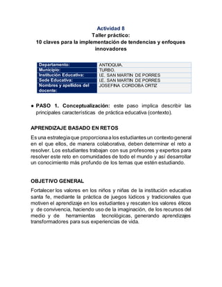 Actividad 8
Taller práctico:
10 claves para la implementación de tendencias y enfoques
innovadores
Departamento: ANTIOQUIA.
Municipio: TURBO.
Institución Educativa: I.E. SAN MARTIN DE PORRES
Sede Educativa: I.E. SAN MARTIN DE PORRES
Nombres y apellidos del
docente:
JOSEFINA CORDOBA ORTIZ
● PASO 1. Conceptualización: este paso implica describir las
principales características de práctica educativa (contexto).
APRENDIZAJE BASADO EN RETOS
Es una estrategiaque proporcionaa los estudiantes un contexto general
en el que ellos, de manera colaborativa, deben determinar el reto a
resolver. Los estudiantes trabajan con sus profesores y expertos para
resolver este reto en comunidades de todo el mundo y así desarrollar
un conocimiento más profundo de los temas que estén estudiando.
OBJETIVO GENERAL
Fortalecer los valores en los niños y niñas de la institución educativa
santa fe, mediante la práctica de juegos lúdicos y tradicionales que
motiven el aprendizaje en los estudiantes y rescaten los valores éticos
y de convivencia, haciendo uso de la imaginación, de los recursos del
medio y de herramientas tecnológicas, generando aprendizajes
transformadores para sus experiencias de vida.
 
