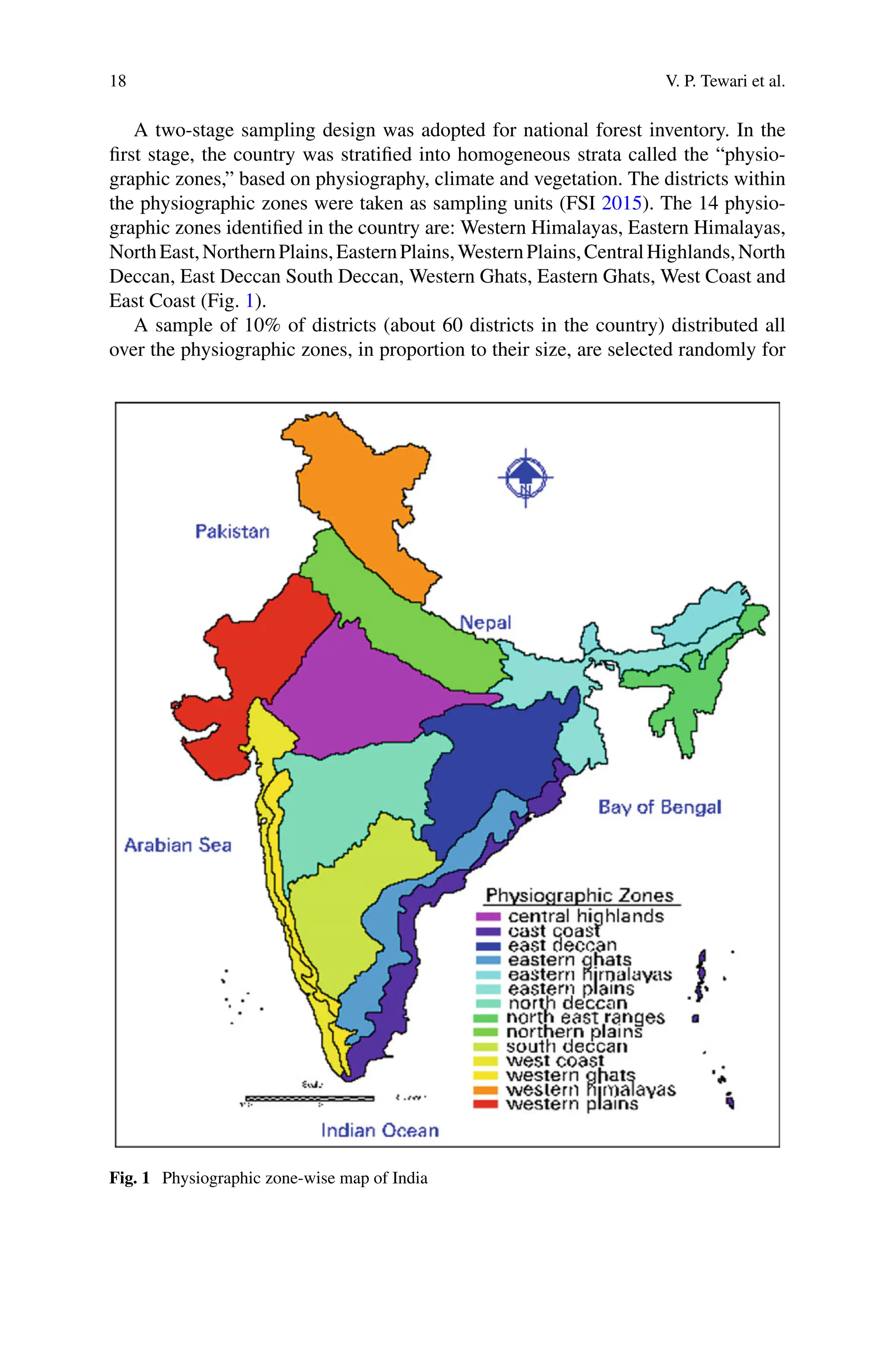 18 V. P. Tewari et al.
A two-stage sampling design was adopted for national forest inventory. In the
first stage, the country was stratified into homogeneous strata called the “physio-
graphic zones,” based on physiography, climate and vegetation. The districts within
the physiographic zones were taken as sampling units (FSI 2015). The 14 physio-
graphic zones identified in the country are: Western Himalayas, Eastern Himalayas,
NorthEast,NorthernPlains,EasternPlains,WesternPlains,CentralHighlands,North
Deccan, East Deccan South Deccan, Western Ghats, Eastern Ghats, West Coast and
East Coast (Fig. 1).
A sample of 10% of districts (about 60 districts in the country) distributed all
over the physiographic zones, in proportion to their size, are selected randomly for
Fig. 1 Physiographic zone-wise map of India
 