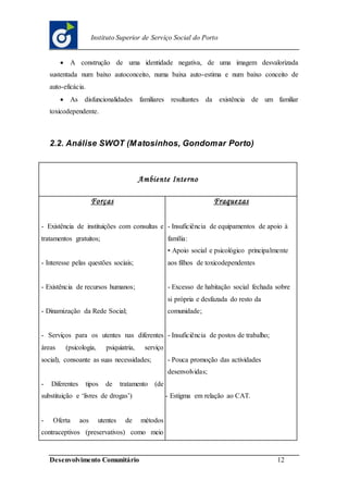 Desenvolvimento Comunitário 12
Instituto Superior de Serviço Social do Porto
 A construção de uma identidade negativa, de uma imagem desvalorizada
sustentada num baixo autoconceito, numa baixa auto-estima e num baixo conceito de
auto-eficácia.
 As disfuncionalidades familiares resultantes da existência de um familiar
toxicodependente.
2.2. Análise SWOT (Matosinhos, Gondomar Porto)
Ambiente Interno
Forças
- Existência de instituições com consultas e
tratamentos gratuitos;
- Interesse pelas questões sociais;
- Existência de recursos humanos;
- Dinamização da Rede Social;
- Serviços para os utentes nas diferentes
áreas (psicologia, psiquiatria, serviço
social), consoante as suas necessidades;
- Diferentes tipos de tratamento (de
substituição e ‘livres de drogas’)
- Oferta aos utentes de métodos
contraceptivos (preservativos) como meio
Fraquezas
- Insuficiência de equipamentos de apoio à
família:
• Apoio social e psicológico principalmente
aos filhos de toxicodependentes
- Excesso de habitação social fechada sobre
si própria e desfazada do resto da
comunidade;
- Insuficiência de postos de trabalho;
- Pouca promoção das actividades
desenvolvidas;
- Estigma em relação ao CAT.
 