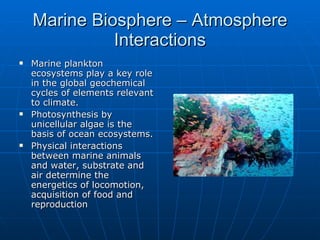 Marine Biosphere – Atmosphere Interactions Marine plankton ecosystems play a key role in the global geochemical cycles of elements relevant to climate.  Photosynthesis by unicellular algae is the basis of ocean ecosystems.  Physical interactions between marine animals and water, substrate and air determine the energetics of locomotion, acquisition of food and reproduction  