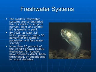 Freshwater Systems  The world's freshwater systems are so degraded that its ability to support human, plant and animal life is greatly in peril.  By 2025, at least 3.5 billion people or nearly 50 percent of the world's population will face water scarcity. More than 20 percent of the world's known 10,000 freshwater fish species have become extinct, been threatened, or endangered in recent decades. 