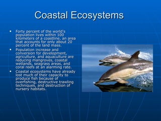 Coastal Ecosystems  Forty percent of the world's population lives within 100 kilometers of a coastline, an area that accounts for only about 20 percent of the land mass.   Population increase and conversion for development, agriculture, and aquaculture are reducing mangroves, coastal wetlands, seagrass areas, and coral reefs at an alarming rate.   Coastal ecosystems have already lost much of their capacity to produce fish because of overfishing, destructive trawling techniques, and destruction of nursery habitats.  