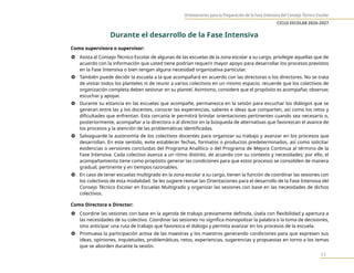 Orientaciones para la Preparación de la Fase Intensiva del Consejo Técnico Escolar
CICLO ESCOLAR 2026-2027
11
Durante el desarrollo de la Fase Intensiva
Como supervisora o supervisor:
} Asista al Consejo Técnico Escolar de algunas de las escuelas de la zona escolar a su cargo, privilegie aquellas que de
acuerdo con la información que usted tiene podrían requerir mayor apoyo para desarrollar los procesos previstos
en la Fase Intensiva o bien tengan alguna necesidad organizativa particular.
} También puede decidir la escuela a la que acompañará en acuerdo con las directoras o los directores. No se trata
de visitar todos los planteles ni de reunir a varios colectivos en un mismo espacio; recuerde que los colectivos de
organización completa deben sesionar en su plantel. Asimismo, considere que el propósito es acompañar, observar,
escuchar y apoyar.
} Durante su estancia en las escuelas que acompañe, permanezca en la sesión para escuchar los diálogos que se
generan entre las y los docentes, conocer las experiencias, saberes e ideas que comparten, así como los retos y
dificultades que enfrentan. Esta cercanía le permitirá brindar orientaciones pertinentes cuando sea necesario o,
posteriormente, acompañar a la directora o al director en la búsqueda de alternativas que favorezcan el avance de
los procesos y la atención de las problemáticas identificadas.
} Salvaguarde la autonomía de los colectivos docentes para organizar su trabajo y avanzar en los procesos que
desarrollan. En este sentido, evite establecer fechas, formatos o productos predeterminados, así como solicitar
evidencias o versiones concluidas del Programa Analítico o del Programa de Mejora Continua al término de la
Fase Intensiva. Cada colectivo avanza a un ritmo distinto, de acuerdo con su contexto y necesidades; por ello, el
acompañamiento tiene como propósito generar las condiciones para que estos procesos se consoliden de manera
gradual, pertinente y en tiempos razonables.
} En caso de tener escuelas multigrado en la zona escolar a su cargo, tienen la función de coordinar las sesiones con
los colectivos de esta modalidad. Se les sugiere revisar las Orientaciones para el desarrollo de la Fase Intensiva del
Consejo Técnico Escolar en Escuelas Multigrado y organizar las sesiones con base en las necesidades de dichos
colectivos.
Como Directora o Director:
} Coordine las sesiones con base en la agenda de trabajo previamente definida, úsela con flexibilidad y apertura a
las necesidades de su colectivo. Coordinar las sesiones no significa monopolizar la palabra o la toma de decisiones,
sino anticipar una ruta de trabajo que favorezca el diálogo y permita avanzar en los procesos de la escuela.
} Promueva la participación activa de las maestras y los maestros generando condiciones para que expresen sus
ideas, opiniones, inquietudes, problemáticas, retos, experiencias, sugerencias y propuestas en torno a los temas
que se aborden durante la sesión.
 