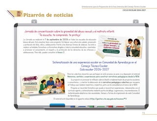 Orientaciones para la Preparación de la Fase Intensiva del Consejo Técnico Escolar
CICLO ESCOLAR 2026-2027
15
Pizarrón de noticias
Sistematización de una experiencia escolar en Comunidad de Aprendizaje en el
Consejo Técnico Escolar
.
Ciclo escolar 2026-2027
Para los colectivos docentes que participan en este proceso se pone a su disposición el material
Memorias, sentidos y experiencias para construir narrativas pedagógicas desde la NEM.
Su propósito es promover la reflexión sobre el diseño e implementación de proyectos escolares
o comunitarios, y orientar la elaboración de la narrativa pedagógica colectiva que recupere
el trabajo que realizan maestras y maestros junto con la comunidad en el marco de la NEM.
Propone un recorrido formativo que ayuda a reconstruir experiencias, relacionarlas con el
currículo vigente y sistematizarlas mediante puntos de diálogo, sugerencias y recomendaciones. El
material puede adaptarse a las necesidades, tiempos y formas de organización de cada Comunidad
de Aprendizaje.
El material está disponible en el siguiente enlace:https://gestion.cte.sep.gob.mx/insumos/#!/
Jornada de concientización sobre la gravedad del abuso sexual y el maltrato infantil:
“Te escucho, te comprendo, te protejo”
La Jornada se realizará el 7 de septiembre de 2026 en todas las escuelas de educación
básica del país. Esta iniciativa tiene como propósito fortalecer una cultura de cuidado, prevención
y protección de niñas, niños y adolescentes frente a las diversas formas de violencia. Se invita a
realizar actividades formativas e informativas dirigidas a toda la comunidad educativa, orientadas
a promover el conocimiento, el respeto y la protección de los derechos de las infancias y
adolescencias. Para ello, pueden consultar el Anexo 2.
 