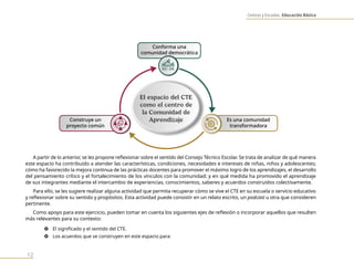 Centros y Escuelas. Educación Básica
12
A partir de lo anterior, se les propone reflexionar sobre el sentido del Consejo Técnico Escolar. Se trata de analizar de qué manera
este espacio ha contribuido a atender las características, condiciones, necesidades e intereses de niñas, niños y adolescentes;
cómo ha favorecido la mejora continua de las prácticas docentes para promover el máximo logro de los aprendizajes, el desarrollo
del pensamiento crítico y el fortalecimiento de los vínculos con la comunidad; y en qué medida ha promovido el aprendizaje
de sus integrantes mediante el intercambio de experiencias, conocimientos, saberes y acuerdos construidos colectivamente.
Para ello, se les sugiere realizar alguna actividad que permita recuperar cómo se vive el CTE en su escuela o servicio educativo
y reflexionar sobre su sentido y propósitos. Esta actividad puede consistir en un relato escrito, un podcast u otra que consideren
pertinente.
Como apoyo para este ejercicio, pueden tomar en cuenta los siguientes ejes de reflexión o incorporar aquellos que resulten
más relevantes para su contexto:
} El significado y el sentido del CTE.
} Los acuerdos que se construyen en este espacio para:
Construye un
proyecto común
Conforma una
comunidad democrática
Es una comunidad
transformadora
El espacio del CTE
como el centro de
la Comunidad de
Aprendizaje
 