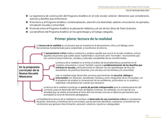 Orientaciones para la Fase Intensiva del Consejo Técnico Escolar
CICLO ESCOLAR 2026-2027
17
} La experiencia de construcción del Programa Analítico en el ciclo escolar anterior: elementos que consideraron,
avances y desafíos que enfrentaron.
} El territorio y el Programa Analítico: contextualización, atención a la diversidad, saberes comunitarios recuperados,
vinculación escuela y comunidad.
} El vínculo entre el Programa Analítico, la planeación didáctica y el uso de los Libros de Texto Gratuitos.
} Los beneficios del Programa Analítico en los aprendizajes y el trabajo colegiado.
Primer plano: lectura de la realidad
En la propuesta
curricular de la
Nueva Escuela
Mexicana:
La lectura de la realidad es un proceso que se sustenta en el pensamiento crítico y el diálogo como
herramientas fundamentales para comprender y transformar el entorno.
La ﬁnalidad de la lectura de la realidad es contribuir al desarrollo de una conciencia crítica en estudiantes,
docentes, directivos y miembros de la comunidad, que les permita identiﬁcar, cuestionar y transformar las
condiciones que generan discriminación, exclusión, violencia, injusticia o desigualdad.
El pensamiento crítico implica cuestionar y analizar aquello que ocurre en la vida cotidiana, incluso
aquellas situaciones que suelen pasar inadvertidas o asumirse como “normales”, reconociendo que
son construcciones históricas, sociales y culturales susceptibles de ser transformadas.
La lectura de la realidad constituye un punto de partida indispensable para la contextualización del
currículo y para el desarrollo del Proceso de Mejora Continua. Sin embargo, no se trata de una
actividad que se realiza únicamente al inicio del ciclo escolar, sino de un ejercicio permanente que
acompaña la toma de decisiones pedagógicas.
La lectura de la realidad no se limita al análisis de las problemáticas presentes en el
contexto comunitario o social. También supone la problematización de los desafíos que
enfrenta la escuela, particularmente en relación con los aprendizajes de las y los
estudiantes, las prácticas docentes y los vínculos con las familias y la comunidad.
Leer la realidad exige desarrollar procesos permanentes de escucha, diálogo e
intercambio con docentes, estudiantes, familias y otros integrantes de la comunidad, con
el propósito de ampliar la comprensión de los problemas, profundizar en su análisis y
replantear interpretaciones cuando sea necesario.
 