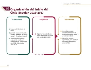 Centros y Escuelas. Educación Básica
30
Organización del inicio del
Ciclo Escolar 2026-2027
Contenidos Propósito Referentes
0 Preparación del inicio de
clases.
0 Jornada de concientización
sobre la gravedad del abuso
sexual y el maltrato infantil.
0 Sistematización de una
experiencia escolar en
Comunidad de Aprendizaje
en el CTE. Ciclo escolar
2026-2027.
0 Organizar las actividades
esenciales para el inicio del
ciclo escolar 2026-2027.
0 Anexo 2. Jornada de
concientización sobre la
gravedad del abuso sexual y
el maltrato infantil.
0 Memorias, sentidos y
experiencias para construir
narrativas pedagógicas
desde la NEM.
 
