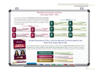 Orientaciones para la Fase Intensiva del Consejo Técnico Escolar
CICLO ESCOLAR 2026-2027
35
Día de la Eliminación de la
Violencia contra las Mujeres
25 de noviembre
Maratón por la Independencia
(y la Soberanía)
15 de septiembre
Día de la Resistencia Indígena
12 de octubre
2026
1
Día Internacional de los
Derechos Humanos
10 de diciembre
3
2
4
Día Internacional de las Mujeres
8 de marzo
Día Internacional de la
Educación
24 - 25 de enero
Día del amor y la amistad
14 – 15 de febrero
2027
5
Día Mundial del Libro
23 de abril
7
6
8
Día de la Maestra y el Maestro
14 - 15 de mayo
Día Mundial del Medio Ambiente
05 de junio
9 10
Maratones por la Lectura y las Artes
Ciclo escolar 2026 – 2027
Jornadas Nacionales por la Paz y contra las adicciones. El cristal te quiebra la vida.
Aléjate de las drogas. Elige ser feliz.
Les invitamos a participar en los Maratones por la Lectura y las Artes.
Estas jornadas culturales y educativas están enfocadas a fomentar el hábito
lector a través de la lectura colectiva en comunidad, así como de actividades
artísticas que buscan apoyar la creación artística, el pensamiento crítico y
la convivencia escolar
.
A las escuelas de educación secundaria del país les invitamos a participar en las Jornadas Nacionales por la Paz y contra
las adicciones. El cristal te quiebra la vida. Aléjate de las drogas. Elige ser feliz. Involucren a estudiantes, docentes y
familias; desarrollen actividades deportivas, artísticas, recreativas y lúdicas que contribuyan a prevenir el consumo de drogas.
23 o 24 de octubre de 2026
12 o 13 de marzo de 2027
11 o 12 de junio de 2027
Primera Jornada
Segunda Jornada
Tercera Jornada
 