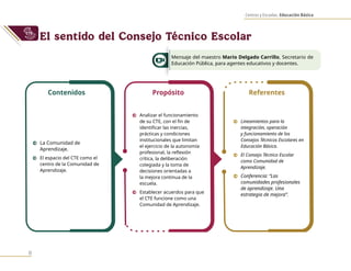 Centros y Escuelas. Educación Básica
8
El sentido del Consejo Técnico Escolar
Mensaje del maestro Mario Delgado Carrillo, Secretario de
Educación Pública, para agentes educativos y docentes.
Contenidos Propósito Referentes
0 La Comunidad de
Aprendizaje.
0 El espacio del CTE como el
centro de la Comunidad de
Aprendizaje.
0 Lineamientos para la
integración, operación
y funcionamiento de los
Consejos Técnicos Escolares en
Educación Básica.
0 El Consejo Técnico Escolar
como Comunidad de
Aprendizaje.
0 Conferencia: “Las
comunidades profesionales
de aprendizaje. Una
estrategia de mejora”.
0 Analizar el funcionamiento
de su CTE, con el fin de
identificar las inercias,
prácticas y condiciones
institucionales que limitan
el ejercicio de la autonomía
profesional, la reflexión
crítica, la deliberación
colegiada y la toma de
decisiones orientadas a
la mejora continua de la
escuela.
0 Establecer acuerdos para que
el CTE funcione como una
Comunidad de Aprendizaje.
 