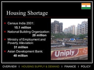 Housing Shortage Census India 2001:  15.1 million National Building Organization:  20 million   Ministry of Employment and Poverty Alleviation:  31 million Asian Development Bank:  40 million   