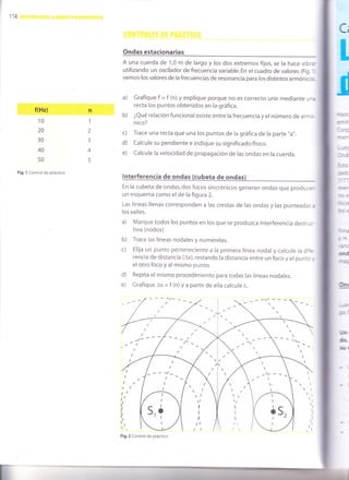 114
Ondas estacionarias
A una cuerda de 1,0 m de largo y los dos extremos fijos, se ra hace vibrar
utilizando un oscilador de frecuencia variable. En el cuadro de valores (Fig.'
vemos los valores de la frecuencias de resonancia para los distintos armónicor
a) Grafique f = f (n) y explique porque no es correcto unir mediante une
recta los puntos obtenidos en la gráfica.
b) ¿Qué relación funcional existe entre la frecuencia y el número de arm*
nico?
c) Trace una recta que una los puntos de la gráfica de la parte "a".
d) Calcule su pendiente e indique su significado físico.
e) Calcule la velocidad de propagación de las ondas en la cuerda.
lnterferencia de ondas (cubeta de ondas)
En la cubeta de ondas, dos focos sincrónicos generan ondas que produce-
un esquema como el.de la figura2.
Las líneas llenas corresponden a las crestas de las ondas y las punteadas a
los valles.
a) Marque todos los puntos en los que se produzca interferencia destrr,c-
tiva (nodos)
b) Trace las líneas nodales y numérelas.
c) Elija un punto perteneciente a la primera línea nodal y calcule la dif*
rencia de distancia (ax), restando la distancia entre un foco y el punto ,
el otro foco y al mismo punto.
d) Repita el mismo procedimiento para todas las líneas nodales.
e) Grafique Ax = f (n) y a partir de ella calcule 1".
"--a-
I
ttI
C¡
I
j
f(Hz)
10
20
30
40
50
Fig. l Control de práctico
n
1
2
3
4
5
,¡'
lr,S
3f:
:¿:/v
/:/i,|
-----
m€f
"t: :
?tl:É
trc:
=r.a
ú-
trr:
d
fld
lhr
ü,
5l
1l
1l
I
I
,l
¡l
,
I
/
rl
lt
I
I
I
I
t
t

I
lt
I
tl
l¡
I
I
h
l1
/
/--
/
 ,-
- - -/_
I
I
I
_ -- - - -¿
,
t
Fig.2 Control de práctico
 