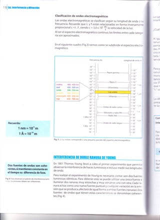 i r olruz, ¡nreilerenc¡a y difiacción
Clasificación de ondas electromagnéticas
Las ondas electromagnéticas se clasifican según su longitud de onda o s-
frecuencia. Recuerde que l, y f están relacionadas en forma inversamen:e
proporcional c =l.f,siendo c = 3,0x l0'$ la velocidad de la luz.
Al ser el espectro electromagnético continuo,los limites eritre cada categc!
ría son aproximados.
En el siguiente cuadro (Fig.3) vemos como se subdivide el espectro electr*
magnético.
Frecuencia, Hz Longitud de onda -
F-.,",,.".i
10"
i0"
10''
l oto
1o'n
I o''
l ott
10 ''
1o"
1o ''
10"
lo''
'10
"
1o'
lo'
1o'
lo'
10"
'lo'
1o'
10'
1
10'
lo'
l0'
't--
1o'
1 Mhz 10u
1o'
ioo
'l khz 10'
10,
10
Rayos X
lnfrarrojo
Ondas de radio cortas
FTelevisión y radio rm--{
Radio AM
Ondas de radio largasRecuerda:
l nm=10-em
1A=10''om
Dos fuentes de ondas son cohe-
rentes,s¡ mantienen constante en
el tiempo su diferencia de fase.
Fi9.4 Para observar un patrón de ¡nterferencia lumi-
-:sa, los emisores deben ser coherentes.
10'
'lo'
1ou
'lo'
ac
IilTTNÍHTIIGIA Ot IIOBIT RA]IURA OT YllU]IG
En 1801 Thomas Young llevó a cabo el primer experimento que permitic
observar la interferencia de haces luminosos e incluso medir sus longitudes
de onda.
Para realizar el experimento de young es necesario contar con dos fuentes
luminosas idénticas. Para obtener esto se puede utilizar una única fuente e
iluminar dos ranuras muy estrechas y muy cercanas una con otra. cada ra-
nura actúa como una nueva fuente puntual y cualquier variación en la emi-
sión que se produzca,afectará de igualforma a ambas fuentes (ranuras). Dos
fuentes de ondas que tienen estas características se denominan coheren-
tes (Fig.4).
400 - 450 nm
zl50 - 500 nm
500 - 550 nm
anaranjado 600 - 650 nm
rojo 650 - 700 nm
Fig.3 La luz visible corresponde a una pequeña porción del espectro electromagnético.
 