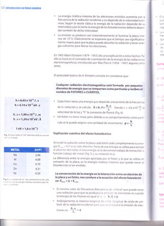 126 lriroducc¡ón a la f¡s¡ca Güántca
h = 6,63 x 1O34J. s
h=4,14x1O-" eV. s
h.c=1,99x10-t'J.m
h.c= 1,24x10'eV.Á
' l eV= 1,6x 10"J
Fig. 4 Datos útiles. El "eV" (electrón Volt) es una uni-
::: ;e energía.
2,46
4,O8
4,70
4,31
4,50
Fig.5 .os valores de "$" son característicos de cada
-:::'al y es la energía mínima necesaria para ex-
:'::- -r electrón.
' La energía cinética máxima de los electrones emitidos aumenta con la
frecuencia de la radiación incidente y no depende de la intensidad lumi-
nosa. según la teoría clásica la energía de la radiación depende de sr.¡
intensidad y por lo tanto la energía de los fotoelectrones debería depen-
der también de dicha intensidad.
' La emisión se produce casi instantáneamente al iluminar la placa (me-
nos de 10ns). clásicamente se esperaría que el tiempo sea significativa-
mente mayor, para que la placa pueda absorber la radiación y tener ener-
gía suficiente para liberar los electrones.
En 1 905 Albert Einstein (1874 - 1 955) dio una explicación a estos hechos. pa.
ello se basó en el concepto de cuantización de la energía de las radiaciones
electromagnéticas, introducido por Max planck (l B5g - 1947) algunos años
antes.
El postulado básico de A. Einstein consiste en considerar que :
cualquier radiación electromagnética está formada por paquetes
discretos de energía que se comportan como partícutas y reciben el
nombre de FOTONES o CUÁNTOS.
' cada fotón tiene una energía que depende únicamente de la frecuencia
de la radiación y se calcula: e=h.f =T Siendo c = 3,0 x10'$ r:
velocidad de la luz y "h" la constante de planck (Fig.4).
' un fotón no tiene masa, pero debido a su comportamiento como partr
cula se le puede asignar una cantidad de movimiento p =
Jt
Explicación cuántica del efecto fotoeléctrico
Al incidir la radiación sobre la placa cada fotón cede completamente su ener-
gía (E ,o,u" = h,f ) a un solo electrón. Parte de esa energía se ut¡liza para extraer
el electrón del metal. A esta energía se le denomina trabajo de extracción o
función trabajo del metal (Fig.5) y su notación es g.
La diferencia entre la energía aportada por el fotón y la que se utiliza en
extraerlo de la placa, es la energía cinética máxima que puede tener el
fotoelectrón al ser emitido.
La conservación de la energía en la interacción entre un electrón de
la placa y un fotón, nos conduce a la ecuación del efecto fotoeléctri-
co: Eroron=0*E...,
' El mínimo valor de frecuencia (frecuencia de umbrar) que puede tener
una radiación para que se produzca la emisión de electrones es cuando
la energía de los fotones es igual al ó - h.f" = 0
. Análogamente,la máxima longitud de c',.:¿ longitud de ohda de um-
bral) de la radiación incidente para q-: se ::oduzca la emisión de elec-
h.c
trones es: :f] = ó
. Elcr
aun
:¿ n'
SY
. 2:
rrer
lg¿
. !at
as
7
pla
!iem¡
L AI
Na
AI
Cu
Zn
Fe
 