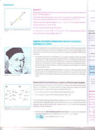 /.A
,/
l4lHecuostática
Fig. 19 8,, es el campo resultante en el punto A.
F =É
Ejemplo 3
Determine la fuerza resultante que actuaría sobre un electrón ubicado en el
punto "A" del ejemplo 2.
El módulo de la fuerza que actúa sobre una partícula cargada que se en-
cuentra en una zona donde existe un campo eléctrico es F = ql .E
Sabemos que la carga del electrón €s q = -1,6 x 10'n C y el campo eléctrico
en el punto A es Eo = 3,3
"
10'
t
La fuerza sobre el electrón la calculamos:
F=1,6x10'nC x 3,3xf 0'| = F=5,3x10 NensentidoopuestoaEopor
tener el electrón carga negativa (Fig. 19).
GA]IIPÍ|S EITGTRIGÍI$ PNIIDUGIIIO$ PflR DI$TflIBUCIIII{T$
Go]{THUIS nE Í][nGn
Ahora estudiaremos las características de los campos eléctricos producidos
por cuerpos de diferentes formas cargados eléctricamente. Para deducir ex-
presiones (ecuaciones) para calcular dichos campos se pueden utilizar dos
métodos.
. El primero consiste en considerar a un cuerpo cargado como una gran
cantidad de cargas puntuales. Determinando el campo de cada una y
realizando su suma vectorial, obtenemos el campo resultante de la dis-
tribución. Generalmente para realizar estos cálculos es necesario mane-
jar herramientas matemáticas (calculo integral) que exceden el nivel de
los cursos de 6" año.
. El segundo método consiste en aplicar una ley física denominada Ley de
Gauss, que en la mayoría de los casos simplifica muchísimo estas de-
ducciones. En el anexo 2 encontrará una reseña de dicha ley y como apli-
carla.
Campo eléctrico producido por un plano uniformemente carqado
Una placa delgada cargada uniformemente y de grandes dimensiones, pro-
duce a su alrededor un campo eléctrico cuyas líneas de campo son rectas
paralelas entre si y perpendiculares a la placa (Fig.21).
. 5i la carga es positiva, E es saliente de la placa (Fig.21a).
. Si la carga es negativa, E es hacia la placa (Fig.21 b).
El módulo del campo producido por la placa en un punto, depende exclusi-
vamente de la carga de la placa y no de distancia a la que se encuentra, esto
siempre que las dimensiones de la placa sean lo suficientemente grandes
respecto a dicha distancia.
. Denominamos Densidad Superficialde Carga de la placa a la carga por
unidad de superficie, su notación es "o" (sigma y se calcula:
6 = -9*= y su unidad en el S.l,.t SArea
'a''-t=/+F
¿
**
->
L.
<-+
+
C-rrpo r
hdda
- ¡h.d
*i{ ::-:
- Entrr
t'ffft5!r{:5
Eq
,-astP
r-
-:,d:
3;lt3
3i::
&mrrplo
-E=
9r?::-'::
,E: 3::.
__,2,
m :r:r É
r -l: .::
-)E
I
<-r r->
T
Fig.21 a y b El campo eléctrico creado por una pla-
ca extensa y cargada uniformemente, es uniforme.
t
Fig.20 Carl Gauss (l 777-1 855).
 