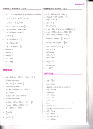 Problemas de examen / cap.6
solucioneslt sz
Problemas de examen I cap.7
1. a) 1,3 x 10-'m por debajo de la posición de equilibrio
Z a) yo = -
'l
m, ?o= 4n*, Fo = 2¡N
y,=o rfl, a'= 0
S, F,=ON
3. b) v (t) = 0,30n cos (2,5nt-
!)
4. x (t) = 0,1 5 sen (17nt + 0,41) o
x (t) = 0,15 sen (17nt + 2,7)
5. v=0,35*
6. x (t) = 0,10 sen (10.1 -
+)
v (t) = 1,0cos (10't -
5)
a (t¡= -10 sen (10.t -
3)
7. Opción "d"
8. Opción "d"
9. Opción "e"
10. v=-1,7+
11. m=1,0Kg'
GAPfiUlO T
a) A = 0,1 0 m, )u = 4,0m, f = 1 OHz,v= 40
+
b) hacia la derecha
c) V.,n = 0
S, v.r"= 2,0n
f
a) hacia la izquierda
b) y (x,t) = 0,050 sen (5n x + 100n t)
c)v=20$
d) y(t) = 0,050 sen(n + 100n t)
a) hacia la izquierda
b)y(x,t) =O,}4sen (10nx+ l00n t++)
c) y (x,t) = 0,04 sen (100n t + 3?T)
d)x=0,05m, x=0,15m
! =vj7v2
v=13,1 *
1.
1. x (t) = 0,025sen (13x - 26t + r)
2. a) y (x,t) = 0,020 sen (63x - 31t)
b)y=-o,o16m
3. a)v=60S
b)v, >Vq>vo
4. y (x,t) = 4,0 x'10-t sen (1 ,6n x + 200n t +
ll
5. y (x,t) = 0,15 sen (0,35.x + 353 t - 2,8)
6. a)1. = 0,12m,f =1OHz,v = 1,2
+
b) Y (x,t) = 0,50 sen t*t x -2tu t)
c) v (t) = -1orc cos(2Orc.t
*"1
7. a)V,=1OO+,vr=50*
b) ),' = 1,9 ¡¡
c) f= 50 Hz
d)fur=1,9t
e)1,=6,8m
.,ü='E
b) At = 0,44 s
v=287
cmfuulo s
1. a)f, =
$Hz
b) L = 0,75m
c) y (x,t) = 0,03sen (4n.x).cos(8ft.t)
d) y = o,o18m
a) 4 nodos
[)[ = 0,10m
c) L = 3,0m
d)T = 0,6ON
f)n = 1
d)m=0,50K9
b) y (x,t) = 0,020 sen(2¡¡).cos(lk.t)
a)fo=75 ¡,
b)L=2,0m
a)n=8 y n=9
b) L=2,16m
 