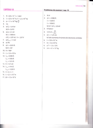 GIPíTUM 10
1.
z
3.
4.
5.
6.
7.
8.
9.
10.
11.
12.
13.
14.
15.
16.
"t7.
E=2,8x 1O"tJ = 1,BeV
)u = 2,5 x 10-t'm, f = 'l
,2 x "10'o Hz
p = 1,1 x'to"xg.f
no
a) E. = 0,47eY
b) V = O,47V
a)0=2,1 eV
b) l. < 600nm
c) E. = 2,07 eY, V = 2,07V
a) E..r"= 1,1eV
a) 3o/o
a) l, = 0,0314
b)Q=42o
0 = 180o
)"=1,9x 1O-um
ftr, = 6580 Á
Xr, = 1030 Á
lr, = 1215 A
E = 1,51 eV
I'" = 914 Á
L^^,= 1220 A
n=2,n=1
?u=2,1 x 10-"m
AV=1,5x10'V
sotucionesl r ss
1. b) si
2. a) ¡. = 6580 Á
)u = 1220 A
l. = 1030 Á
b) 0,t I eV y 2,0 eV
3. 6 hasta 2
4. 121s A+ 2h
m.c
5. a) ¡" = 1,25 nm
b) Solo aumenta el número de electrones emitidos
6. )"=3,9x 10-ttm
7. 6x = 3,2 x10*m
8. a)T= 1,6x 1OoK
9. am = 4,1 x 10'Kg
 
