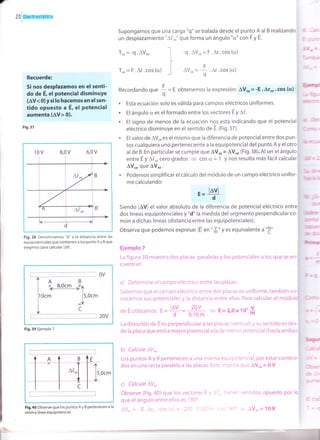 7''
2 0 ! Elcctr0srár¡Ga
Supongamos que una carga "q" se tralada desde el punto A al B realizando
un desplazamiento "Aior" que forma un ángulo "cr" con F y E.
Tor=-q.AVou
Tor=F.Ar.cos(cl)
c) Calcule AVu,
Observe (Fig. a0) que los vector:s !
que elángulo entre ellos es '3f '
-9 .AVo, = F .Ar 'cos (.')
aVoo = -l .or.cos (a)
-q
a-
Recuerde:
5i nos desplazamos en el sent¡-
do de E, el potencial disminuye
(AV< 0) ysi lo hacemos en elsen-
tido opuesto a E, el potencial
aumenta (AV> 0).
Fig.37
IOV B,OV 6,OV
Fig, 38 Denominamos "d" a la distancia entre las
equipotenciales que contienen a los punto A y B que
elegimos para calcular AVl.
Fig.39 Ejemplo 7.
Recordando aue i = E obtenemos la expresión: AVor=-E.Aror.cos(ct,)
:cry'c
'q.;
. Esta ecuación solo es válida para campos eléctricos uniformes.
. El ángulo cr es el formado entre los vectores E y Ai.
. El signo de menos de la ecuación nos está indicando que el potencial - ='
eléctrico disminuye en el sentido de E. (F¡g.37).
. El valor de AVo, es el mismo que la diferencia de potencial entre dos pun-
tos cualquiera uno perteneciente a la equipotencial del punto A y el otro i ' ' :
al de B. En particular se cumple que aVo, = AVo", (Fig.3B). Al ser el ángulo
entreEyAioucerogrados + cos ct=1 Ynos resulta másfácilcalcular - = -
AVo' que AVor.
.Podemossimplificarelcálculodelmódulodeuncampoeléctricounifor-
me calculando:
. _ llvlb-d
Siendo l¡Vl el valor absoluto de la diferencia de potencial eléctrico entre
dos líneas equipotenciales y "d" la medida del segmento perpendicular co-
mún a dichas líneas (distancia entre las equipotenciales).
observa que podemos expresar lEl en "S" y es equivalente a "t"
Ejemplo 7
Lii figura 39 muestra dos placas paraleias y los potenciales a los que se en-
cuentra n.
a't Delermine e! can'ipo eléctrico entre las placas,
Sabemos que el campo electricc entre dos placas es uniforme,también co-
nocemos sus potenciales y la distancia entre ellas, Para calcular el rnódulo - * .
deEutilizarnos: E=,^rV==+V ,=E=2,0x10rS :
d 0,10 m
La dirección de E es perpendicular a las placas i,.,erilcal)y su sentido es des-
de la placa que está a mayor potencial a la de menor potencial (hacia arriba)
!'*i -
b) Calcule AVou
Los puntos A y B pertenecen a una mis^'¿ ::,. :-::=-:iai. por estar conteni- :
dos en una recta paralela a las placas. Es:: ^-rl :: r': J,Vo, = Q¡/ :
Fig.4O Observe que los puntos A y B pertenecen a la
misma línea equipotencial.
=-=- ,=-t dos opuesto por lo
: = iV..=1OV
 
