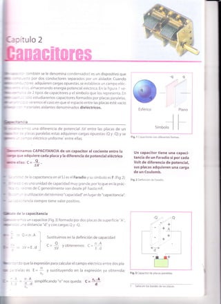 >-
¡
rJ
(también se le denomina condensador) es un dispositivo que
por dos conductores separados por un aislador. Cuando
res adquieren cargas opuestas, se establece un campo eléc-
: Eilos, almacenando energía potencial eléctrica. En la figura 1 ve-
de 2 tipos de capacitores y el símbolo que los representa. En
sólo estudiaremos capacitores formados por placas paralelas,
pio veremos el caso en que el espacio entre las placas esté vacío
=r.'rlateriales aislantes denominados dieléctricos.
emos una diferencia de potencial AV entre las placas de un
le placas paralelas estas adquieren cargas opuestas (Q y -Q y se
r campo eléctrico uniforme' entre ellas.
CAPACITANCIA de un capacitor al cociente entre la
adquiere cada placa y la diferencia de potencial eléctrico
tt¡- O
AV
rincad de la capacitancia en el S.l es el Faradio y su símbolo es F. (Fig.2)
r:oro es una unidad de capacidad muy grande, por lo que en la prác-
cs '¿alores de C generalmente van desde pF hasta mF.
un la utilización deltérmino "capacidad" en lugarde "capacitancia".
=c¿citancia
siempre tiene valor positivo.
de la capacitancia
emos un capacitor (Fig.3)formado por dos placas de superficie "A",
una distancia "d" y con cargas Q y -Q.
Un capacitor tiene una capaci-
. tancia de un Faradio si por cada
Volt de diferencia de potencial,
sus placas adquieren una carga
de un Coulomb.
Fig.2 Definición de Faradio.
Fig.3 Capacitor de placas paralelas.
Q=o.A
AV = E.d
Sustituimos en la definición de capacidad
c=# yobtenemor' a=#
:ando que la expresión para calcular el campo eléctrico entre dos pla-
peralelas es e = * y sustituyendo en la expresión ya obtenida:
to
o.A
=
ü simplificando "o," nos queda:
€o
.- 8o'A
-- d
Plano
OEsférico
__l
símbolo I
Fig. 1 Capacitores con diferentes formas.
I Salvo en los bordes de las placas
 