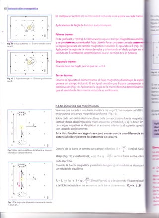 a
a
a
.É
oe
I
ruü*nÉu $rstromrgnátipr
xI
Fig.17 Se logra una situación estacionaria cuando
rio a B.
Fig. 15 El flujo disminuye + E, tiene igual sentido
que É.
X
x$
b) lndique el sentido de la intensidad inducida en la espira en cada trama
Aplicaremos la Regla de Lenz en cada intervalo:
Primer tramo:
En la gráfica B = f (t) (Fig. 1 2) observamos que el campo magnético
yse prodru*r*r aumentddel flujo (A$+O). Fara contraf*estar este,
la espira generará un campo magnético inducido B, opuesto a B (Fig. 1
Aplicando la regla de la mano derecha y orientando el dedo pulgar en
sentido de É, (entrante), determinamos que el sentido de i, es horario.
Segundo tramo:
En este caso no hay t, por lo que la i,= 0 A
Tercer tramo:
Ocurre lo opuesto al primer tramo, el flujo magnético disminuye,la
genera un campo inducido É, en igual sentido que B para contrarestar
disminución (Fig. 1 5). Aplicando la regla de la mano derecha determina
que el sentido de la corriente inducida es antihorario.
F.E.M. inducida movimiento.
Veamos que sucede si una barra metálica de largo "L" se mueve con M.R.
en una zona de campo magnético uniforme (Fig. 16).
Sobre cada uno de los electrones libres de la barra actúa una fuerza
verticaly hacia abajo (regla de la mano izquierda)y módulo f, = lql .v.B.sen 9f
Las cargas negativas se desplazan al extremo inferior y el superior
con cargado positivamente.
Esta distribución de cargas trae como consecuencia una diferencia
potencial eléctrico entre los extremos de la barra.
cada electrón.
Cuando la fuerza magnética y eléctrica tengan igual módulo se alcanzará
un estado de equilibrio.
F,=E,
= lql.v.g=lql ry Simplificando q rdespejunOolVqu"esigual
a la F.E.M. inducida en los extremos de la b¿'ra cD:enemos: t, = v. L. B
X
L
X
Fig. l6 Los electrones libres de la barra se mueven
creando un campo eléctrico.
Dentro de la barra se genera un campo eléctrico tf = jLl vertical hacia.L
abajo (Fig. 17) y unafuerza (f, = 1O¡ .E = 9 . !L 1 vertical hacia arriba sobre
L
X
L
X
Bi /
'9nl/
{ '/
.1. r$
É, anula a Fu.
 