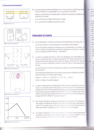 zz
I
muuacron tlÉcuom¡lnüllcr
Fig,lO Problema 10
Fig.l Problema de exámen 1
/r.- f--__l
LI I I
vl I
XXX
B
XXX
XXX
XXX
f-----l /Ñ
I lllI lrr
M
?r?ff,*.kC
Fig.2 Problema de exámen 2
Fig.3 Problema de exámen 3
0,02 t(s)
Fig.4 Problema de exámen 3
10) Las dos bobinas están enrolladas en el mismo núcleo. La de la izquier
está conectado a un generador y a una resistencia variable.
lndique justificando elsentido de la corriente inducida en la bobina
la derecha, cuando:
a) La resistencia variable disminuye su valor.
b) La resistencia variable aumenta su valor.
1) En el solenoide 1 circula la corriente en el sentido que se indica (Fig. I
a) ¿En el circuito 2, se está abriendo o cerrando el interruptor?
b) Si con la llave cerrada se introduce en el solenoide 2 un núcleo
hierro, señale el sentido de la corriente inducida en el circuito 1 . Just
que su respuesta (Prof.V.Orcesi- l.Crandon).
La espira cuadrada de lado "L" (Fig.2) se desplaza con velocidad cons-
tante a lo largo del eje "x" desde la posición "M" hasta la posición "N',
atravesando como parte de su camino la región de ancho "3L" donde
existe un campo magnético uniforme como se indica. Construya la grá
fica de:
a) La fuerza electromotriz inducida en la espira función del tiempo des-
de M hasta N.
b) La fuerza que debe ejercerse sobre la espira, para mantener su veloci-
dad constante, en función deltiempo.
Datos: L= 10cm, v=0,50+, B=2,01 R",o,,u =2,0{L
(Prof. J.J. Olivet - Escuela lntegral)
La figura 3 representa un solenoide de 800 vueltas y largo 20 cm,conec-
tado a una fuente que le hace pasar corriente como se muestra en el
gráfico (Fig. +). En el interior del solenoide y en el pla no perpendicular a
su eje hay una espira metálica de radio R = 2,0 cm. Grafique flujo mag-
nético en función deltiempo y F.E.M. inducida en función del tiempo en
la espira. (Prof. A.Villamil - Escuela Integral)
4) Dos imanes idénticos se dejan caer desde la misma altura "h" sobre sen-
dos anillos de idénticas dimensiones pero de diferentes materiales. El
anillo "A" es conductory el "8" es aislante..Qr-e imán alcanza primero el
plano del anillo? Justifique. (Prof. J. J. Oti'. e: - !scuela lntegral).
5) Un anillo conductor "A" se coloc¿ s3:'= -- -:terial ferroso que tiene
arrollado una bobina conio i': :- .':-'. á Se cierra la llave "L" y el
anillo se levanta. ¿Por quei l':' ,', ',il:l - j::-eca Familia)
[¡liiE
tÉ-iF
dc
@
@
@
T
r
I'lt!il't(!
fitu
¡l
üÍ'
b
161
dr
TüI
p
2)
¡.¡
ü
b
lb
{ltf
G
q
v
3)
 