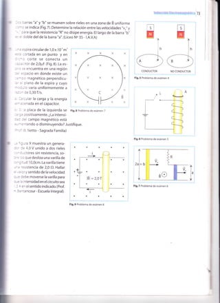 73
l
- :. carras "a" y "6" se mueven sobre rieles en una zona de É uniforme
- - r se indica (Fig.7).Determine la relación entre las velocidades "v"" y
iara que la resistencia "R" no disipe energía. El largo de la barra "b,,
' " = loble del de la barra "a". (Liceo No 35 - l.A.V.A)
- -
=
:spira circular de 1,0 x 10'' m'
=, = :crtada en un punto y en
. :-f corte se conecta un
: : ::rtor de 2,0pF (Fig.8). La es-
: ': s: encuentra en una región
:. =.cacio en donde existe un
: -: o magnético perpendicu-
,- ' clano de la espira y cuyo
- ::- o varia uniformemente a
,::^ Ce0,30T/s.
, -' :ular la carga y la energía
; -:tinádd en el capacitor.
a placa de la izquierda se Fig.8 probtema de exámen 7
: ':
' cositivamente. ¿La intensi-
:,: :el campo magnét¡co está
, -
*
=^tando o disminuyendo? -lustifique.
-' ':Jra 9 muestra un genera-
- ' :: 4,0 V unido a dos rieles
: - : -ctores sin resistencia, so-
: ls que desliza una varilla de
: - : :¡d 10,0cm. La varilla tiene
-
' ':sistencia de 2,0 O. Hallar
,z .r y sentido de la velocidad
- = :ebe moverse la varilla para
-= : ntensidad enel circuitosea
: : en elsentido indicado.(Prof.
- ::r:ancour - Escuela lntegral)
Fig.9 Problema de exámen 8
Fig.5 Problema de exámen 4
Fig.6 Problema de exámen 5
Fig.7 Problema de exámen 6
l.
CONDUCTOR NO CONDUCTOR
lBi= 2,or
¡
I
I
I
 
