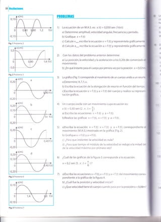 a+loscitaciones
0
-5,0
1,6 t(s)
Fig.2 Problema 5
Fig, 1 Problema 3
PNOBHIIIAS
1) La ecuación de un M.A.S. es: x (t) = 0,050 sen (16nt)
a) Determine: amplitud, velocidad angular, frecuencia y período.
b)Grafique x=f (t)
c) Calcule v.r,, escriba la ecuación v = f (t) y represéntela gráficamente
d) Calcule a.r,, escriba la ecuación a = f (t) y represéntela gráficamen
2) Con los datos del problema anterior determine:
a) La posición,la velocidad y la aceleración a los 0,20s de comenzado
movimiento
b) ¿En qué instante pasa elcuerpo por primera vez por la posición
La gráfica (Fig. 1) corresponde al movimiento de un cuerpo unido a un resor:g
a)Determine:A,T,l ro.
b) Escriba la ecuación de la elongación de resorte en función deltiemp:
c)Escriba la ecuación v = f (t) y a =f (t) del cuerpo y realice su represe-*
tación gráfica.
Un cuerpo oscila con un movimiento cuya ecuación es:
x (t) = 9,59 sen (2 ." .t+ )
a)Escribalasecuaciones V=f (t) y a=f (t).
b)Realicelasgráficas x=f (t), v=f (t) y a=f (t).
a)Escribalaecuación x=f (t) v=f (t) y a=f (t),correspondiented
movimiento (M.A.S.) mostrado en la gráfica (Fig.2).
b) Grafique v = f (t) y a = f (t).
c) ¿Para que instantes la velocidad es nula?
d) ¿Para que tiempo el módulo de la velocidad se redujo a la mitad de
de la velocidad máxima por primera vez?
¿Cuál de las gráficas de la figura 3 corresponde a la ecuación:
x=O,2sen(5.lT.t+I)?
6t.
7) a)Escriba las ecuacionesx=f (t),v=f (t)ya =f (t)delmovimiento corres-
pondiente a la gráfica de la figura 4.
b) ¿Cuál fue la posición y velocidad inicial?
c) ¿Que velocidad tiene el cuerpo cuando pasa por la posición x = 0,0Bml
_r
:r
C
=
f
-0
0,2
0,1
0
-0,20
5n t(s)
x(m)
0,2
0
-0,20
0,20
0,40t(s)
x(m)
0,1
Fig.3 Problema 6
0
-0,10
Fig.4 Problema 7
3)
4)
s)
6)
 
