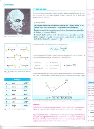 I
1 0lthctrostát¡Ga
*:> {--
9, F r,, F,,, Q: l
)
d,, .
+l j
<-:- T 'T
---,>F Q, F,
.
I
l
F q q_ F,,
Fig.4.asfuerzas F=. y F=.,forman un pardeacción
prco
nano
mtcro
cent¡
kilo
M mega x lOu
Fig.6 Prefijos de múltiplos y submúltiplos.
tEY 0t c0ulotttB
Como resultado de estudios exper¡mentales referentes a las fuerzas de inte-
racc¡ón entre dos partículas cargadas, Charles Coulomb (Fig. 3) llegó a las
siguientes concl usiones:
Ley de Coulomb
Las fuerzas de interacción eléctrica entre dos cargas, tienen la di-
recc¡ón de la recta que une las cargas y sent¡dos Gontrar¡os.
Son atractivas s¡ las cargas tienen distinto s¡gno y son de repuls¡ón
sielsigno es elm¡smo (Fig.a).
El módulo de las fuerzas es d¡rectamente proporc¡onal al producto
de las cargas (F a q, .9,) e inversamente proporcional al cuadrado
de la distancia que las separa {f .c
}).
i El módulo de las fuerzas de interacción se calcula:
K = 9,0x1O'
+:
gilñ
lF,ol=lF,,l=t*]9
Las unidades en el S.l.de las magnitudes involucradas en esta ecuación y la
constante K (denominada constante de Coulomb) son:
. Fuerza (F) =
. Carga (q) =
. Distancia (d)
Aquí nos enfrentamos a la interacciór' c= ^^:: l=
es válido superponer soluciones. tr¿': r::='^-
debemos calcular por separado l::'*=-::. : -= =.
luego realizar la suma vecto''t :a : :-:: j-.:'--':
: I S Ca rg a s/ en estos casos
^:' a fuerza neta sobre q.
:'::n q , q:y qr sobre ella y
N (Newton)
lc (Coulomb)
|
m (metro) |
Antes de comenzar con la resolución del primer ejemplo recordemos algu-
nos datos y herramientas matemát¡cas que nos serán de utilidad (Fig.5 y 6).
A+B
I
¡
I
mili
x 10-"
x10-"
x 10*
x 1O-'
x 1O-'
x 10'
Fig.5 Suma de vectores por el método del paralelogramo y aplicación delTeorema del Coseno.
Ejemplo 1
En la distribución de cargas de la figura 7, determine la fuerza neta sobre qo.
Datos: Q,= 4,0pC, Q,=-4,01rC, Q,=-3,OLLC o-=2,0LrC y d=1gcm.
I
I
,il
Fig. 3 Charles Cou lomb (1 736 - l 806)
lÁl'+ lÉl'+ 2.1Ál.lÉ1. cos(o)
 