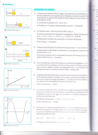 86 I 0sciracrone:r.
Fig.l Problema de examen 2
Fig.2 Problema de.examen 3
Fig.3 Problema de examen 5
y (cm)
Fig.4 Problema de examen 5
PR0BIE]IAS 0E EtfAiltEl{
1) una partícula realiza un M.A.s. según una trayectoria vertical efectua
do 60 oscilaciones por segundo. se la empieza a observar cuando
r
:-
$
_t
3
5;
2)
!
pasando por la po-sición de equilibrio hacia abajo y en ese ¡nstante
velocidad es 5,0
S.
a) ¿Cuál será su posición en t = 4,2x10'3s.
b) Grafique a = f (t) para medio período. (Liceo No 't - paysandú)
3)
4)
s)
6)
Un sistema masa - resorte oscila con M.A.S. (Fig. l )
a) calcule y represente la elongación, aceleración y fuerza restauradoe
ento y tr.5i t0=0,0s, t,=0,75s, V,¿,.=2,0+ym=0,50Kg.
b) Represente elgráfico de la posición en función deltiempo.
(Prof.V. Orcesi - l. Crandon)
El bloque de 0,50 Kg (Fig.2) oscila entre las posiciones ',1 " y "2" con M.AS
a) Represente la velocidad,la aceleración ,la elongación y la fuerza en
las posiciones 1 y2.
b) Escriba la ecuación de su velocidad en función der tiempo y trace s.,¡
gráfica. (Prof.V. Orcesi - l. Crandon)
una masa efectúa un M.A.s.con centro en su posición de equilibrio x = 0r.-
La amplitud de la oscilación es 0,15m, la frecuencia f = 8,5 Hz y su pos-
ción inicial es 0,060m. Escribir una expresión para "x" en función de
tiempo para este movimiento. (prof. G. Oribe - Colegio Ser)
La gráfica del estiramiento de un resorte en función de la fuerza aplica-
da al mismo se indica en la figura 3. cuando ar resorte se le cuelga una
masa de 2,0 Kg,oscila según la gráfica y = f (t) (Fig. +). En esas condicio
nes determine la velocidad de la masa alcabo de'1,0s.
(Prof. H, Bentancour - l. Ariel)
un resorte cuelga del techo, cuando se le cuelgan dos pesas de 3009
cada una, se estira 20cm hasta quedar en equilibrio y en reposo. En ese
momento se corta el hilo Qle une las pesas y el sistema comienza a
oscilar con una masa sola.
Escribalasecuaciones x=f (t), v=f (t) y a=f (t).
(Prof. H. Bentancour - l. Ariel)
una masa "m" oscila con una frecuencia "f unrdo al extremo de un re-
sorte de constante "K". si hago oscilar el resorte colocando en su extre-
mo una masa doble (2m),entonces la nueva frecuencia de oscilación f
'
está relacionada con f por:
a)f '=2.f b)f'= fi.f c)f = f I ,
7)
f
2
e) ninguna de las anteriores. (Licec ::
 