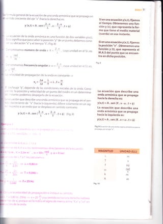 Sien una ecuación y(x,t), füamos
eltiempo. Obtenemos una fun-
ción y (x), que representa la for-
ma que tiene el medio material
(cuerda) en ese instante.
Si en una ecuación y(x,t), füamos
la posición "x" . Obtenemos una
función y (t), que representa et
M.A.S del punto que se encuen-
tra en dicha posición.
Fig.8
La ecuación que describe una
onda armónica que se propaga
hacia la derecha es:
y(x,t) - A. sen (K. x- cr). t + O)
La ecuación que describe una
onda armónica que se propaga
hacia la izquierda es:
y(x,t) - A. sen (K. x+ ú). t + 0)
Fig.9 Ecuac ion de una onda viajera armón ica que se
propaga por el eje "x".
MAGNITUD UNIDAD {S.I.)
m
5
Hz
rad
S
m
m
T
f
CD
k
A
!
I
t
[. rr*ili:,';Ji;:Y i: ü::,: il::,i:ffi'I:n''u
q ue se pr'pasa e n
I v (x,t)= A.sen (+ .- -
+ .t * O)
I -' :cuación de la onda armónica es una función de dos variabres y(x,t).
I - : significa que para saber la posición "y" de un punto, debemos cono-
I
-;:::;::,":.1,.';'=L,
cuya unidaden e,s, es:
I rad
I
, ,
t*lrros
frecuencia ansuta* o, =
#,cuya unidad en er s r es:
I
. u,l.rouo de propagación de la onda es constante
=
¡ u,=+=j!=,..r=e
I : :=;fasaje "$", depende de las condiciones iniciales de la onda. cono-
I - : - ro la posición y velocidad de un punto del medio en un determina-
I - . -;tante, podemos despejarlo de la ecuacicn.
I -
' = ::ación que describe una onda armónica que se propaga en el sen-
I - ::creciente de "x" (hacia la izquierda), difiere solamente en un sig_
I
' , .=-ioecto
a un onda que se desplaza en sentido contrario:
I
y(x,t¡=A.sen r#.*.+.t*O) (Fis.e)
lF
L
r
L
l
F - --: :: i=25h:
J -',"'
I
.- .!,;..)t tuaj )t ,rt -):-t¿-:. ln .,
.
F - . ?','' ;5h¿ ..
= 2:. ', 'su senil,l:, --,
F :. .l€ X . ;)crQ;JÉ ,:'s lc ir',]r'. i signr ce inai- _-.-
l"
,r .te a onda,
I
Fig. 10
 
