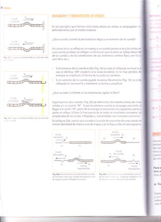 Vpropaqación
/
Fi9 18 : iSar a un extremo fijo, el pulso de onda
:'::.
Voroo"n".'on
t:'. 3f r'8
En los ejemplos que hemos visto hasta ahora,las ondas se propagaban rl-
definidamente por el medio material.
¿Qué sucede cuando la perturbación llega a un extremo de la cuerda?
Así como la luz se refleja en un espejo o un sonido produce eco,las ondas €rt
una cuerda también se reflejan. La forma en que la onda se refleja depent
de la cuerda y de las condiciones de sus extremos (ambos fijos, uno fijc r
uno libre, etc.).
. Si el extremo de la cuerda es fijo (Fig. 18) la onda al reflejarse se invierte D
sea se desfasa 180o respecto a la onda incidente. Si no hay pérdida rr
energía,la amplitud y la forma de la onda no cambian.
. Si el extremo de la cuerda puede moverse libremente (Fig.19),la onca
reflejada no se invierte y mantiene su forma y amplitud.
¿Qué sucede si el limite no es totalmente rígido ni libre?
Supongamos dos cuerdas (Fig.20) de diferentes densidades líneas de mas¿
unidas en un punto "M". Si por la primera cuerda se propaga una onda. a
llegar a la unión "M", parte de la energía se transmite a la siguiente cuerda _,
parte se refleja. Si bien la frecuencia de la onda se mantiene constante, las
amplitudes de las ondas reflejadas y transmitidas son menores a la inicial.
En la figura 20a vemos que sucede si la onda de transmite de una cuerda o:
menordensidad de masa a una de mayoryen lafigura 20b,elcasoopuesic.
l-t
:-150
.. DENTE
Fig. 19 I
-'::...
regar a un extremo libre, el pulso de onda
s'tgT
f..: --¡
Í-cu;
:l3 3:|.
a-'-
=
&5 lrtl
Pr¡ q
¡in¡ e
rrls l
aR¡
n -l-:
==:*É- "
PULSO
REFLE.IADo
¡, l-r,
F' o*J ü,
TRANSMITIDO
Fig.20a Al transmitirse una onda desde una cuer-
da de menor masa por unidad de longitud a una
de mayot el pulso reflejado se invierte.
PULSO
ú, REFLEJADO
<-
->v
PULSO
TRANSMITIDC
Fig,20b A transr¡iiirse una onda desde una cue-
da de mayor ¡r3s¿ oor unidad de longitud a ur-:
de meno' e : - ,: '='elado no se inv¡erte.
 