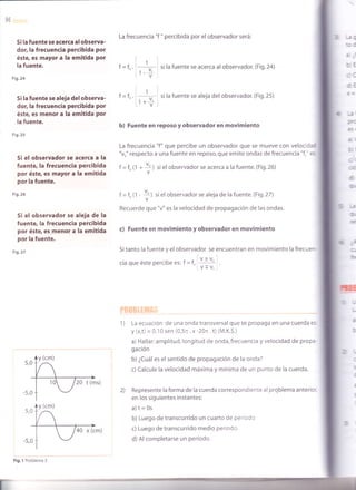 QÁ
Si la fuente se acerca alobserva-
dor,la frecuencia percibida por
éste, es mayor a la emitida por
la fuente.
Fig.24
Si la fuente se aleja del observa-
dor,la frecuencia percibida por
éste, es menor a la emitida por
la fuente.
Fig.2s
Si el observador se acerca a la
fuente, la frecuencia percibida
por éste, es mayor a la emitida
por la fuente.
Fig.26
5i el observador se aleja de la
fuente, la frecuencia percibida
por éste, es.menor a la emitida
por la fuente.
Fig.27
-5,0
-5,0
Fig, 1 Problema 3
La frecuencia "f " percibida por el observador será:
t) 1l
f = fo . I _-; ] si la fuente se acerca al observad or.(Fig.24)
lr- v l
rl 1l
f = fo . - r¿ | si la fuente se aleja del observador. (Fig.25)
[r+vJ
b) Fuente en reposo y observador en movimiento
La frecuencia "f" que percibe un observador que se mueve con velocidaC
"vn" respecto a una fuente en reposo, que emite ondas de frecuencia "f," es
f = f" (1 +
vo
) si el observador se acerca a la fuente. (Fig.26)
V
f = f" (1 - vo
¡ si el observador se aleja de la fuente .(Fig.27)
V
Recuerde que "v" es la velocidad de propagación de las ondas.
c) Fuente en movimiento y observador en movimiento
Si tanto la fuente y el observador se encuentran en movimiento la frecuer'
cia que éste percibe es: f = f, I I
=
Il"Iv+v,]
1) La ecuación de una onda transversal que se propaga en una cuerda es
y (x,t) = 0,10 sen (0,5¡ . x -20n . t) (M.K.S.)
a) Hallar:amplitud, longitud de onda, frecuencia y velocidad de propa
gación
b) ¿Cuáles el sentido de propagación de la onda?
c) Calcule la velocidad máxima y mínima de un punto de la cuerda.
Represente la forma de la cuerda correspondiente al problema anterior
en los siguientes instantes:
a)t=0s
b) Luego de transcurrido un cuarto de periodo
c) Luego de transcurrido medio período.
d) Alcompletarse un período.
.¡l --= -
l=
s-
-i
=.:
{
Sj
l-
1A
2)
 
